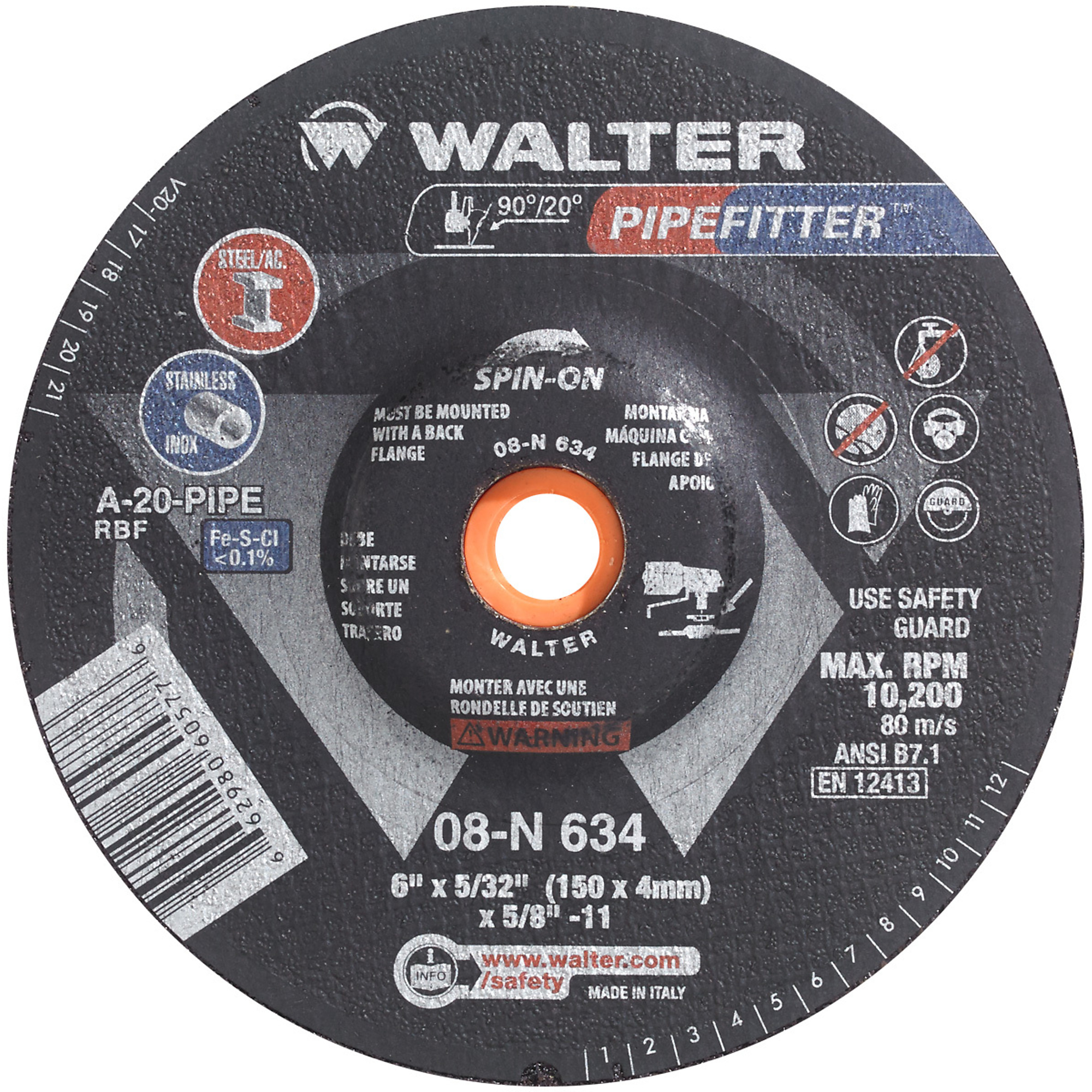 Walter 6in. x 5/32in. x 5/8-11 Pipefitter Spin-On Angle Grinder Grinding Wheels — 25 Pcs, Model# 08N634